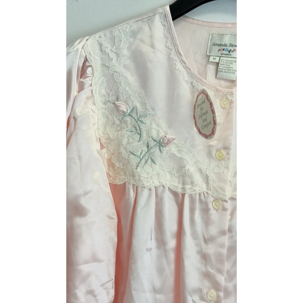 NEW Amanda Stewart Womens M Brushed Satin Pajama Set Floral Embroidery Lace Pink